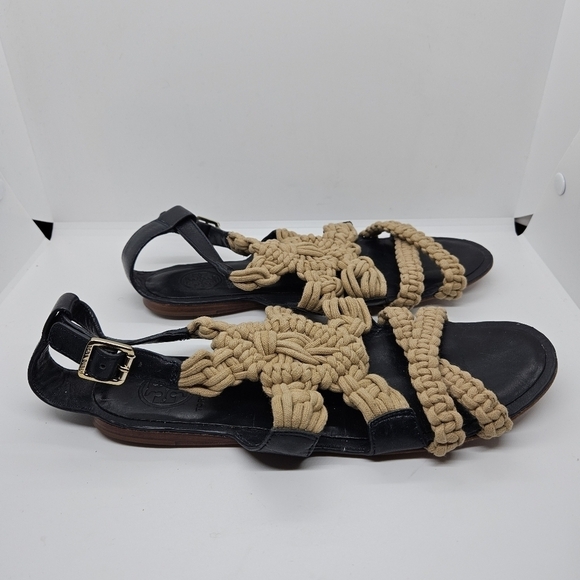 Tory Burch black leather and tan macrame Fleur flat sandals 8.5M - Picture 3 of 9